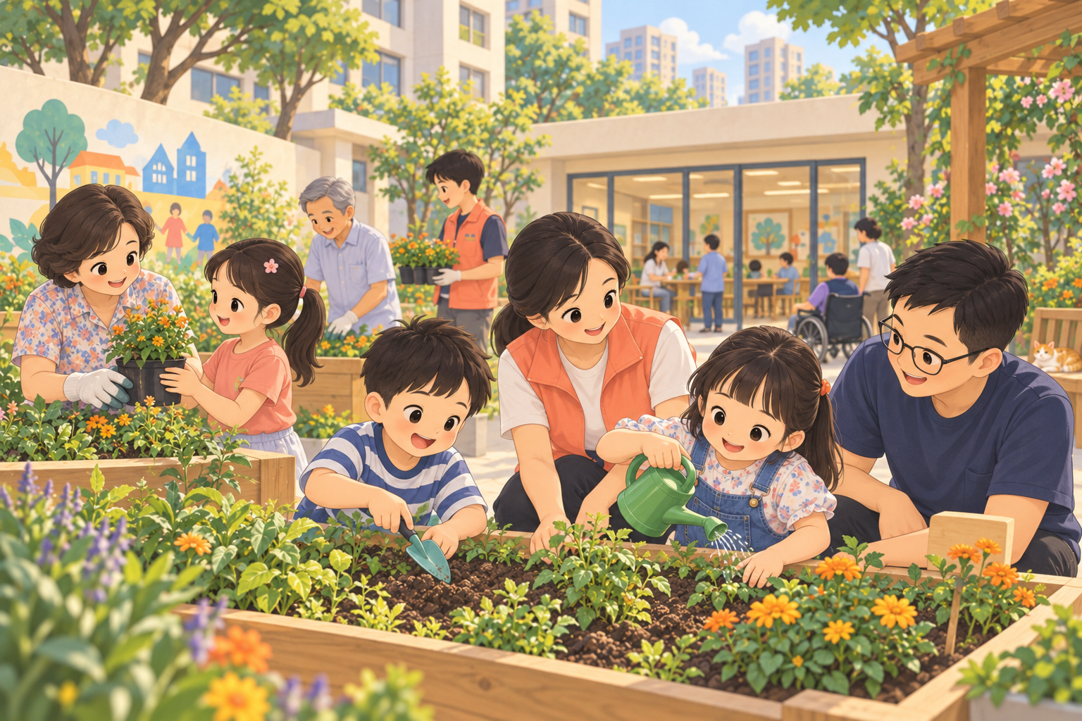 社区融合支持场景插画