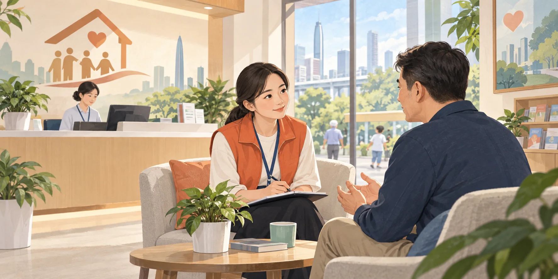 社区工作人员在服务中心倾听居民需求的场景示意