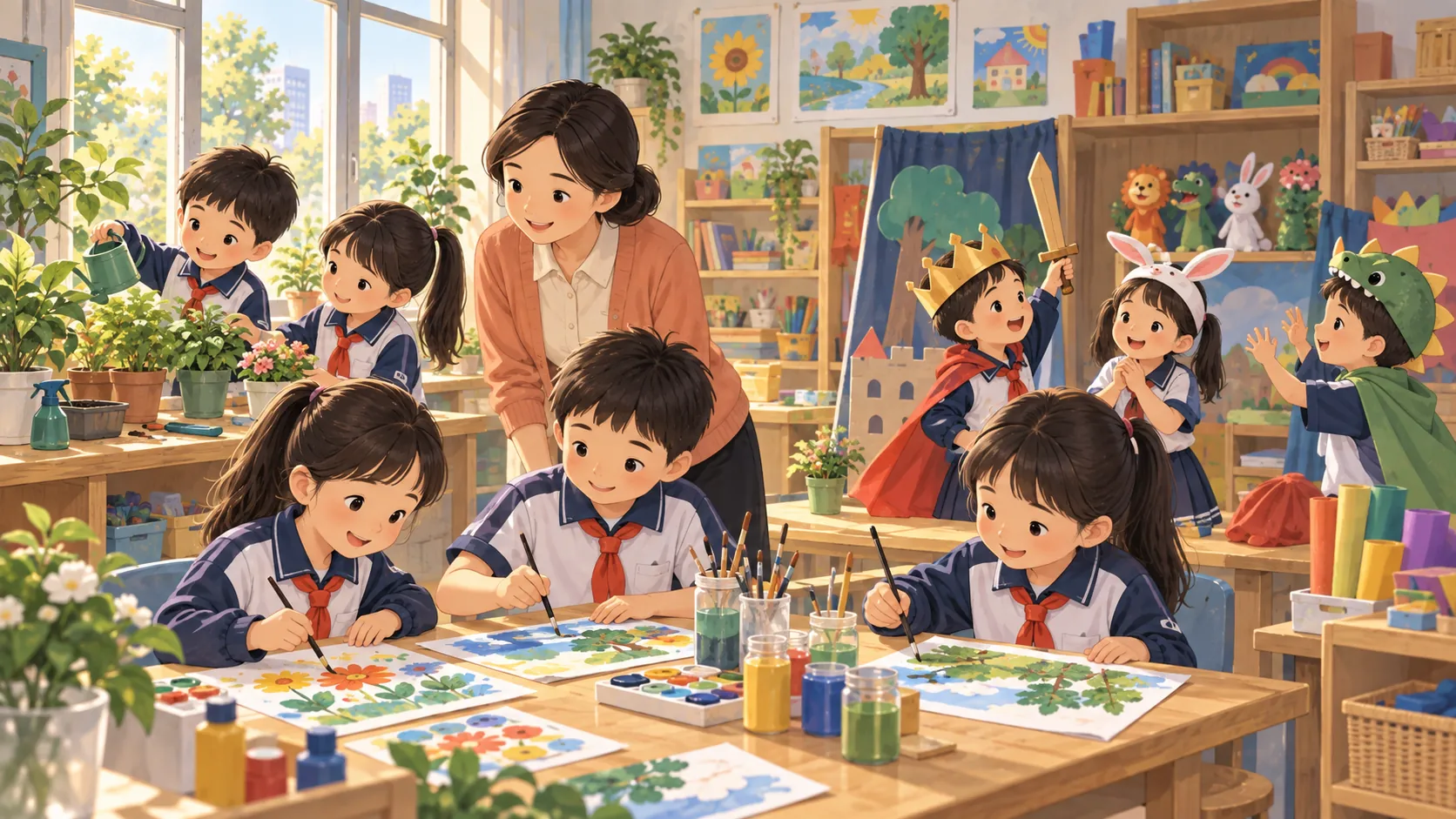 中国小学儿童在教师支持下开展绘画、种植与角色扮演活动的场景示意