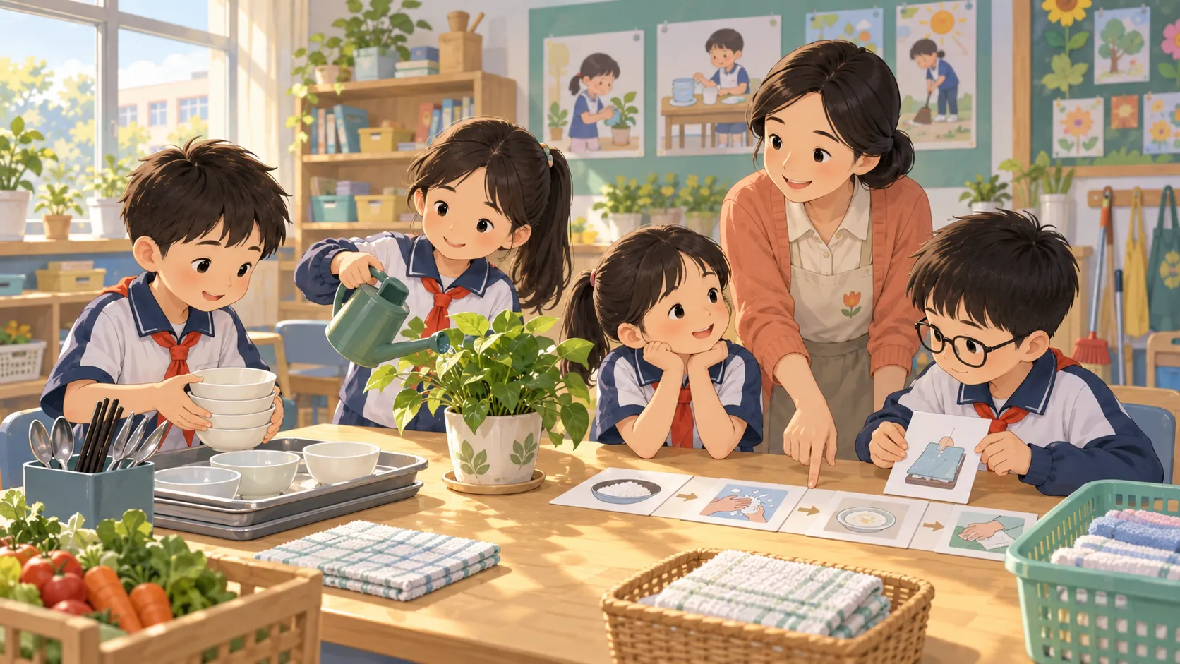 中国小学学生在教师支持下练习生活自理、照料植物和任务排序的场景示意