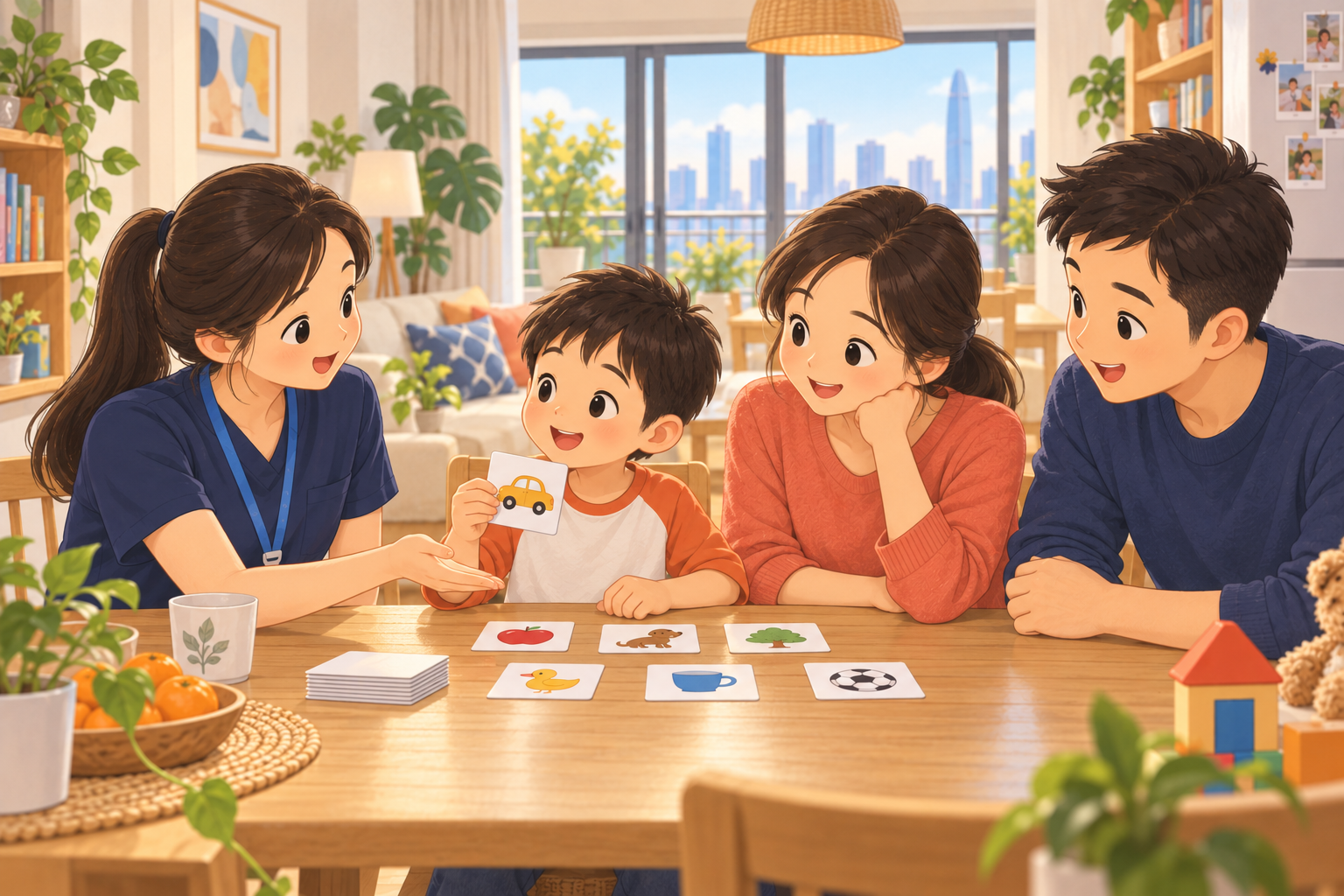 中国家庭与专业人员在家中一起使用图卡开展亲子学习活动的插画