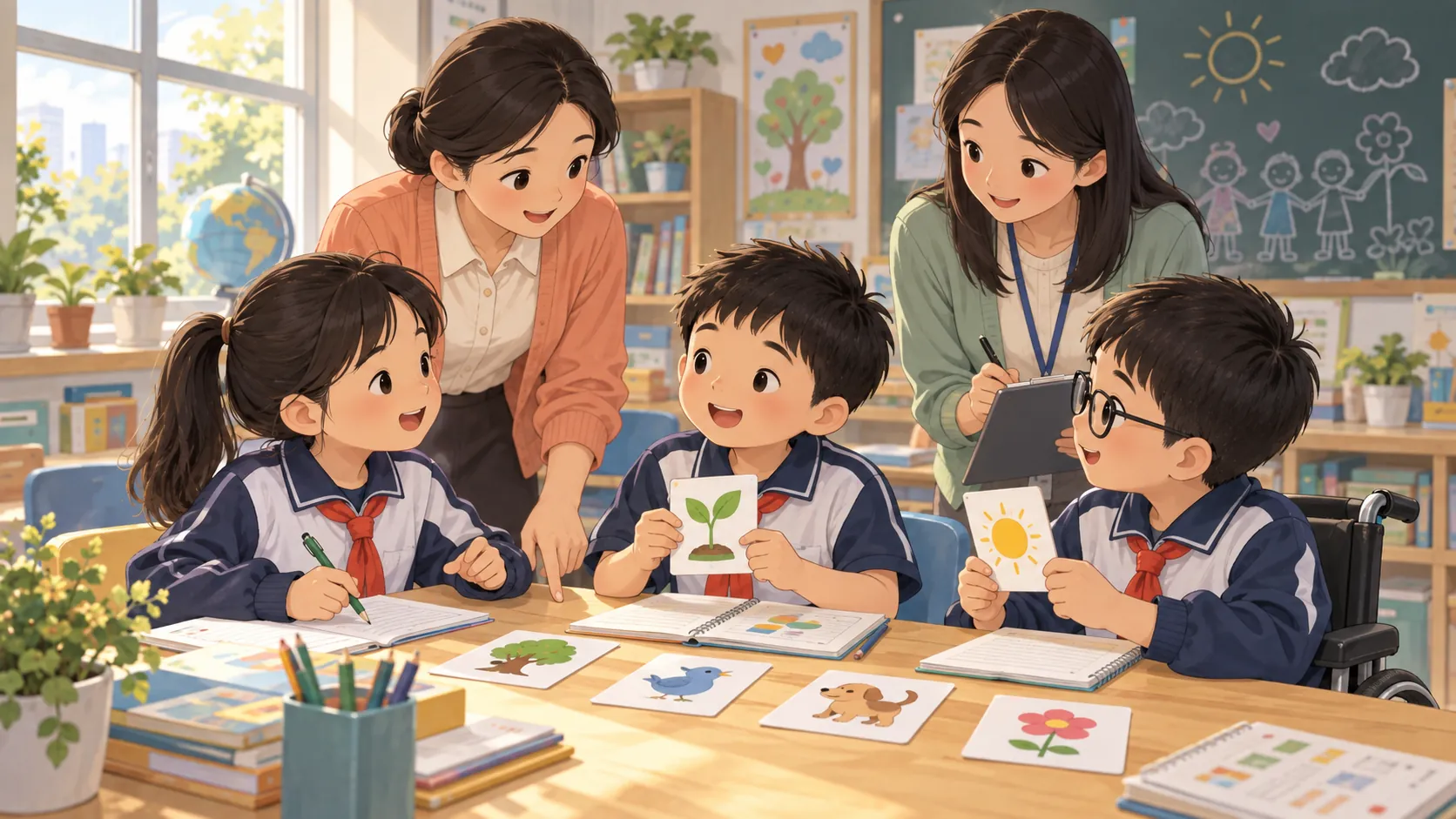 中国小学课堂中教师与学生共同学习的温暖插画