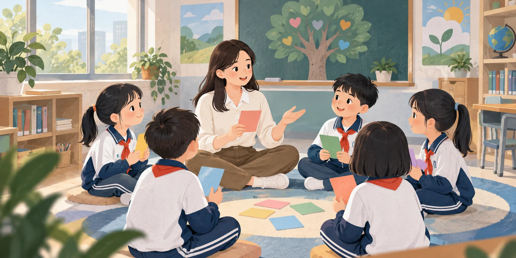 中国小学教师与学生围坐开展心理健康主题活动的场景示意