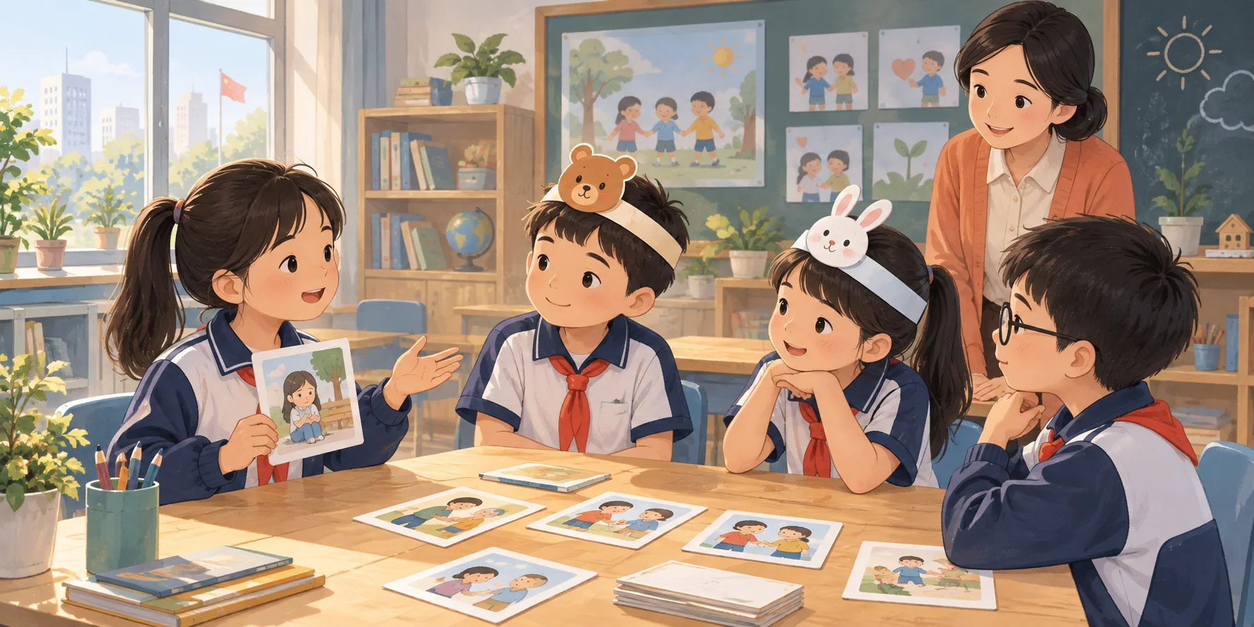 儿童在课堂中学习社会能力的场景插画